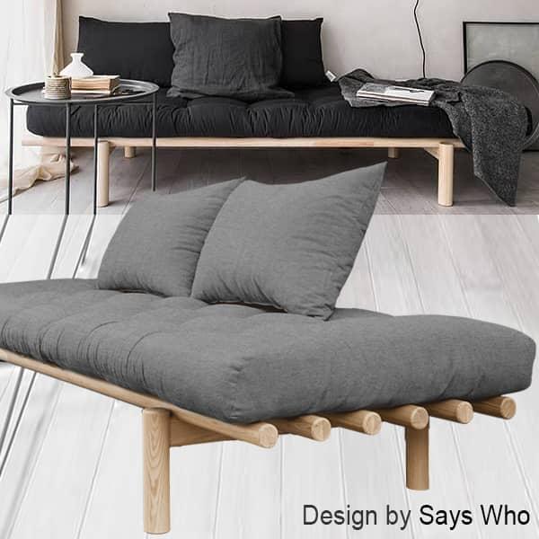 PACE: daybed and chaise longue convertible into extra bed - or double bed, with or futon Daybed, natural wood - 746 - (Futon and 2 cushions)